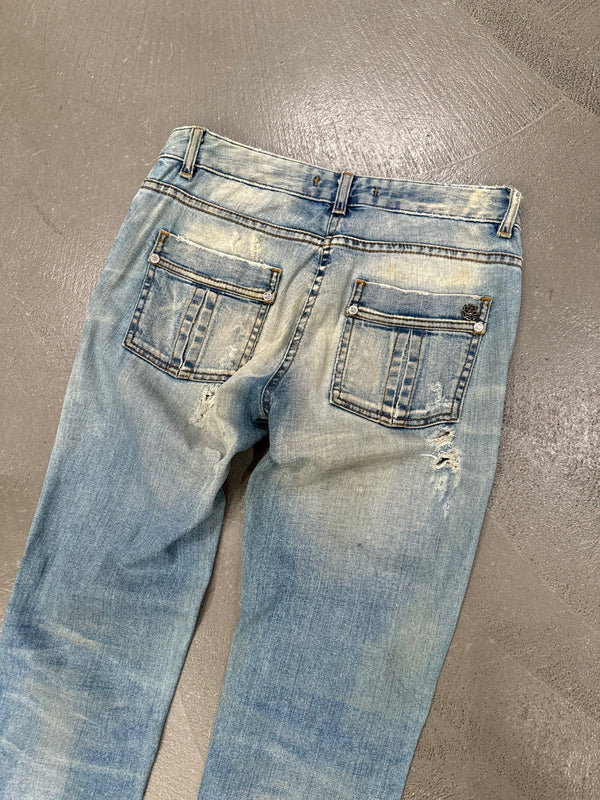 Roberto Cavalli distressed leopard patch glitter embellished jeans