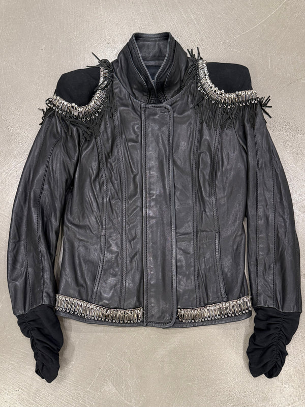 2000s Roberto Cavalli safety pin military leather jacket