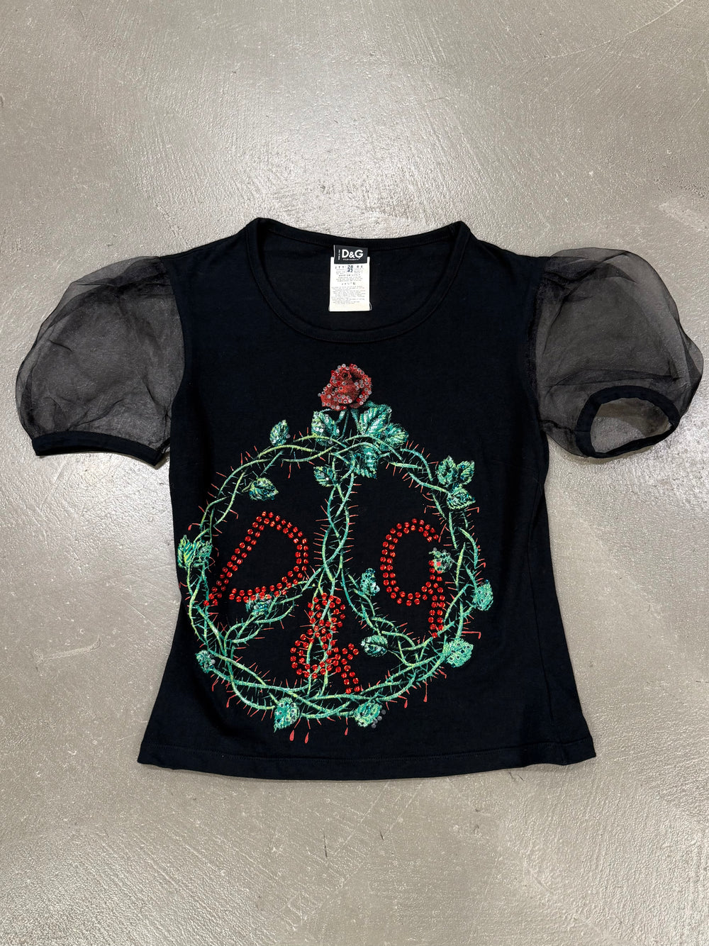 2001 Dolce & Gabbana rose graphic and tulle sleeve t-shirt