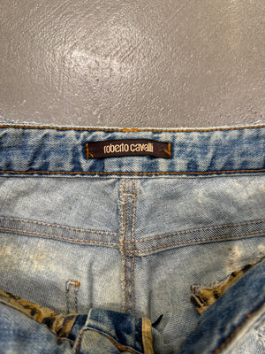 Roberto Cavalli distressed leopard patch glitter embellished jeans