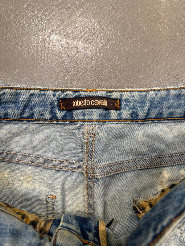 Roberto Cavalli distressed leopard patch glitter embellished jeans