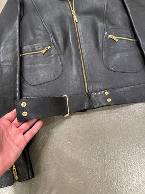 S/S1999 Gucci by Tom Ford fitted black biker leather jacket with gold accents