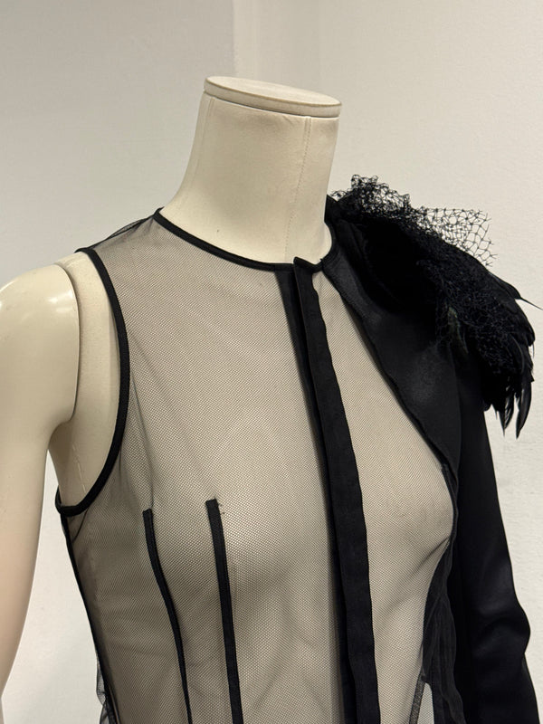 A/W 2004 Comme des Garçons runway feather shoulder mesh top