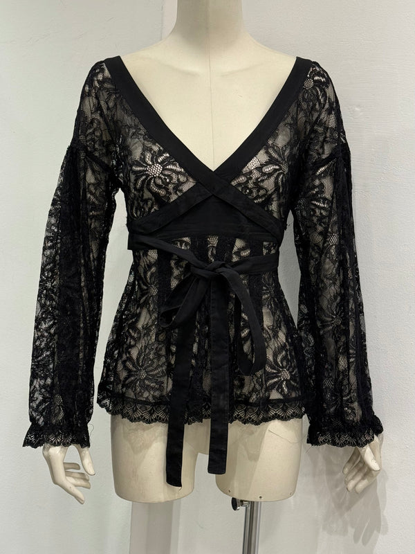 2000s Dolce & Gabbana lace tie-waist floral lace blouse