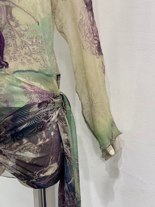 2000s Jean Paul Gaultier printed silk embroidered draped dress