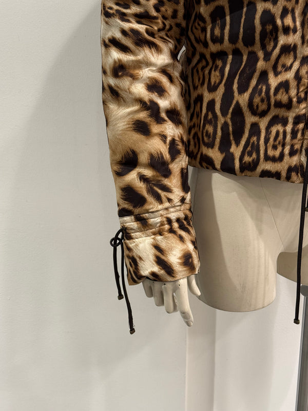2000s Roberto Cavalli leopard print silk puffer jacket with leather straps