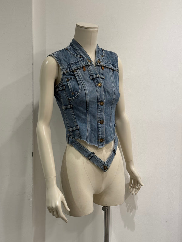 2000s Alexander McQueen distressed lace-up denim vest
