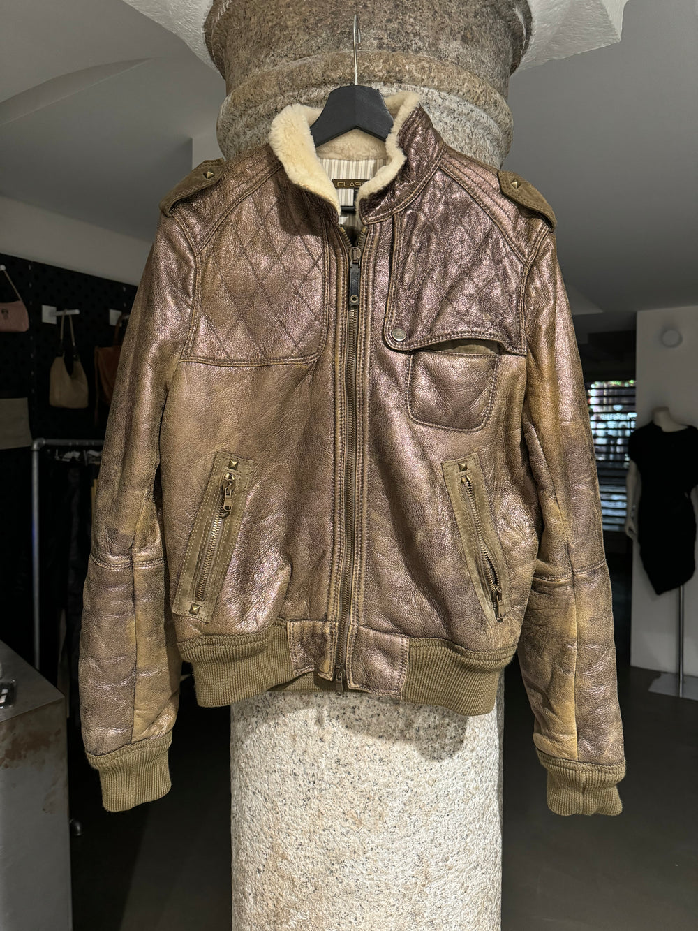 2000s Roberto Cavalli bronze metallic shearling bomber jacket