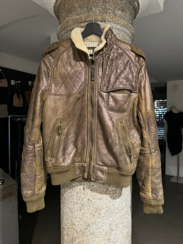 2000s Roberto Cavalli bronze metallic shearling bomber jacket