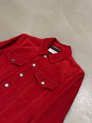 2019 Saint Laurent red suede leather trucker jacket