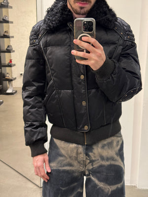 2000s Roberto Cavalli studded boxy armor puffer bomber jacket with removable fur