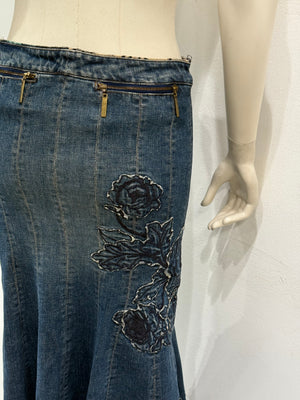 F/W2002 Roberto Cavalli floral tattoo embroidered denim skirt