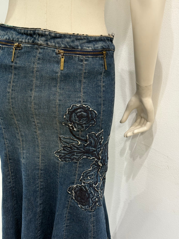 F/W2002 Roberto Cavalli floral tattoo embroidered denim skirt