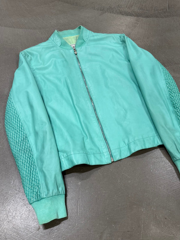 1990s Gianni Versace turqoise woven-sleeve leather bomber jacket