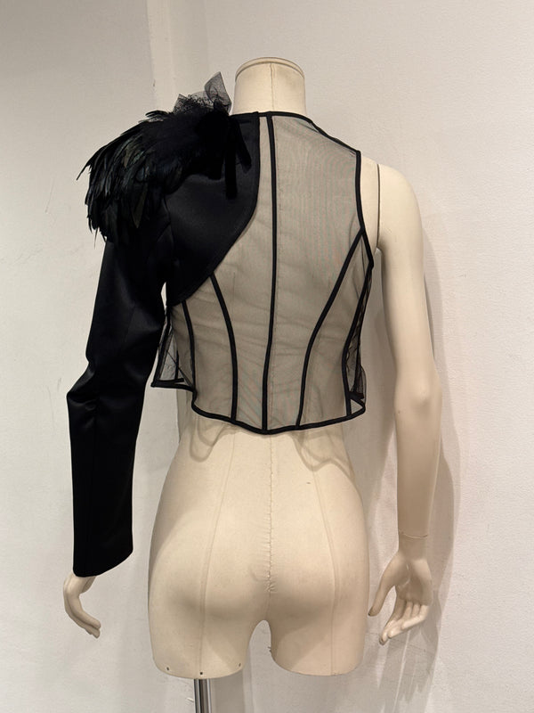 A/W 2004 Comme des Garçons runway feather shoulder mesh top