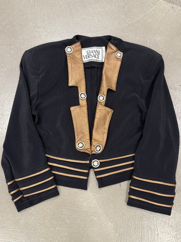 1990s Gianni Versace Napoleon cropped tailored jacket with contrast leather trim