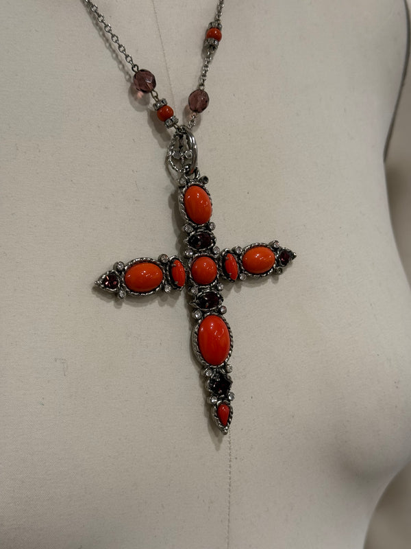 2000s Dolce & Gabbana cross rosary coral necklace