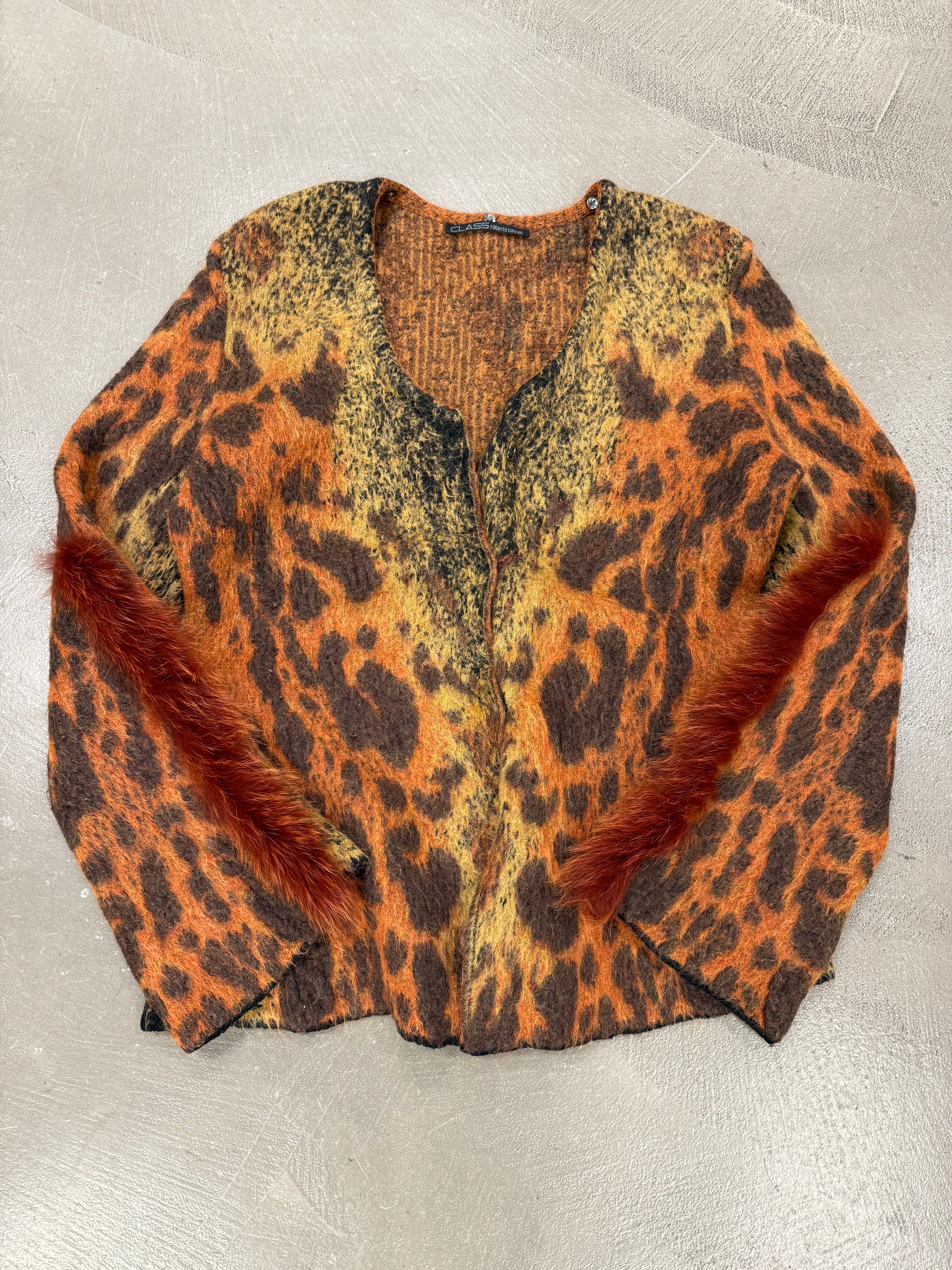 CLASS roberto cavalli 動物柄カーディガン 2000s Roberto Cavalli mohair tiger cardigan with fur insterts