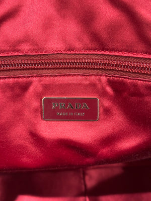 2000s Prada jacquard bowler bag with red leather trim