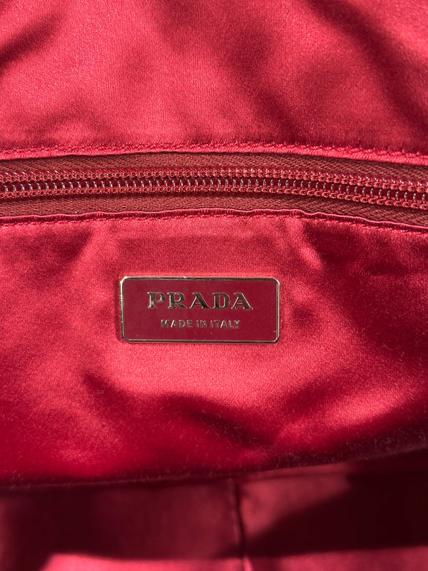 2000s Prada jacquard bowler bag with red leather trim