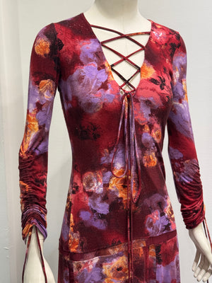2000s Roberto Cavalli floral lace up midi dress