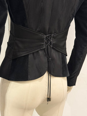 2000s Roberto Cavalli structured wood print blazer with corset detailing