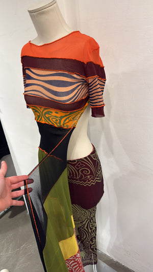 S/S1996 Jean Paul Gaultier runway printed mesh layered maxi dress