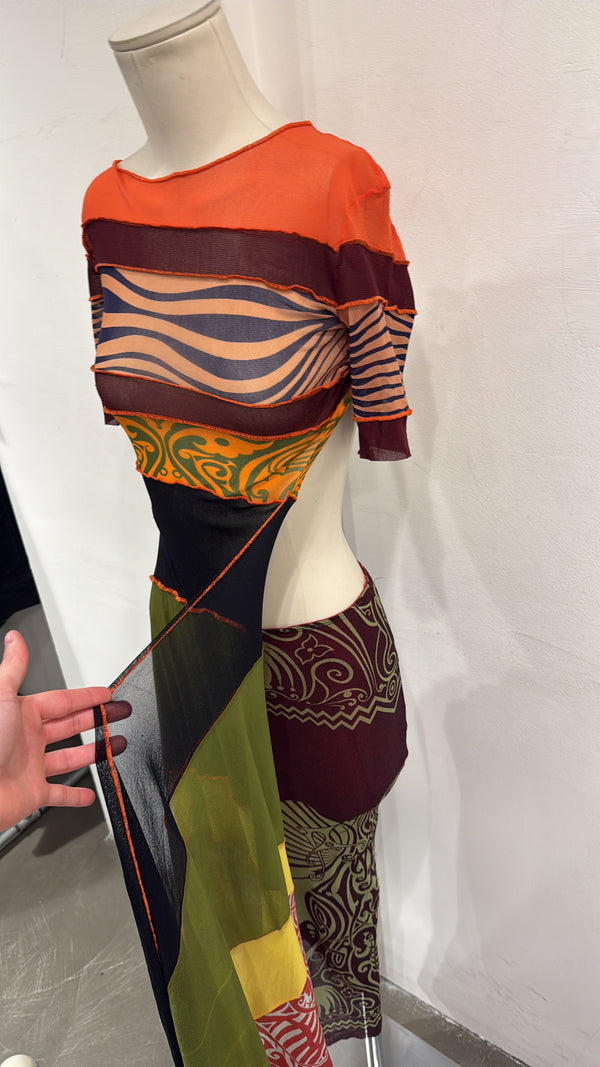 S/S1996 Jean Paul Gaultier runway printed mesh layered maxi dress