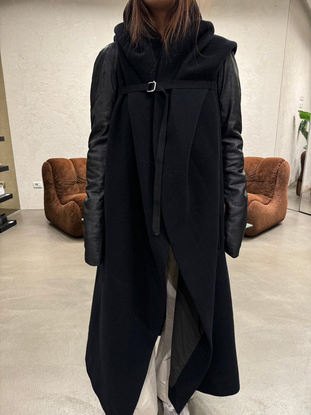 2000s Rick Owens giant hood coat with leather sleeves