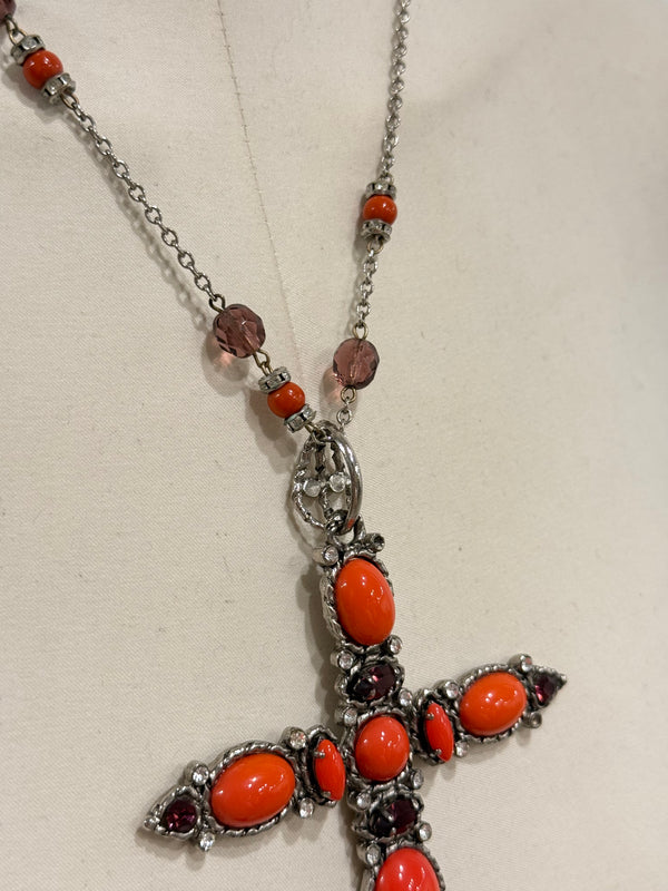2000s Dolce & Gabbana cross rosary coral necklace