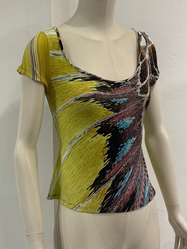 2004 Roberto Cavalli feather abstract print stretch top