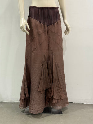 2000s Roberto Cavalli brown silk pleated waistband fluid long skirt