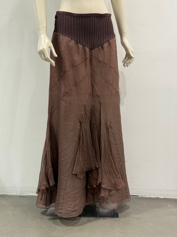 2000s Roberto Cavalli brown silk pleated waistband fluid long skirt