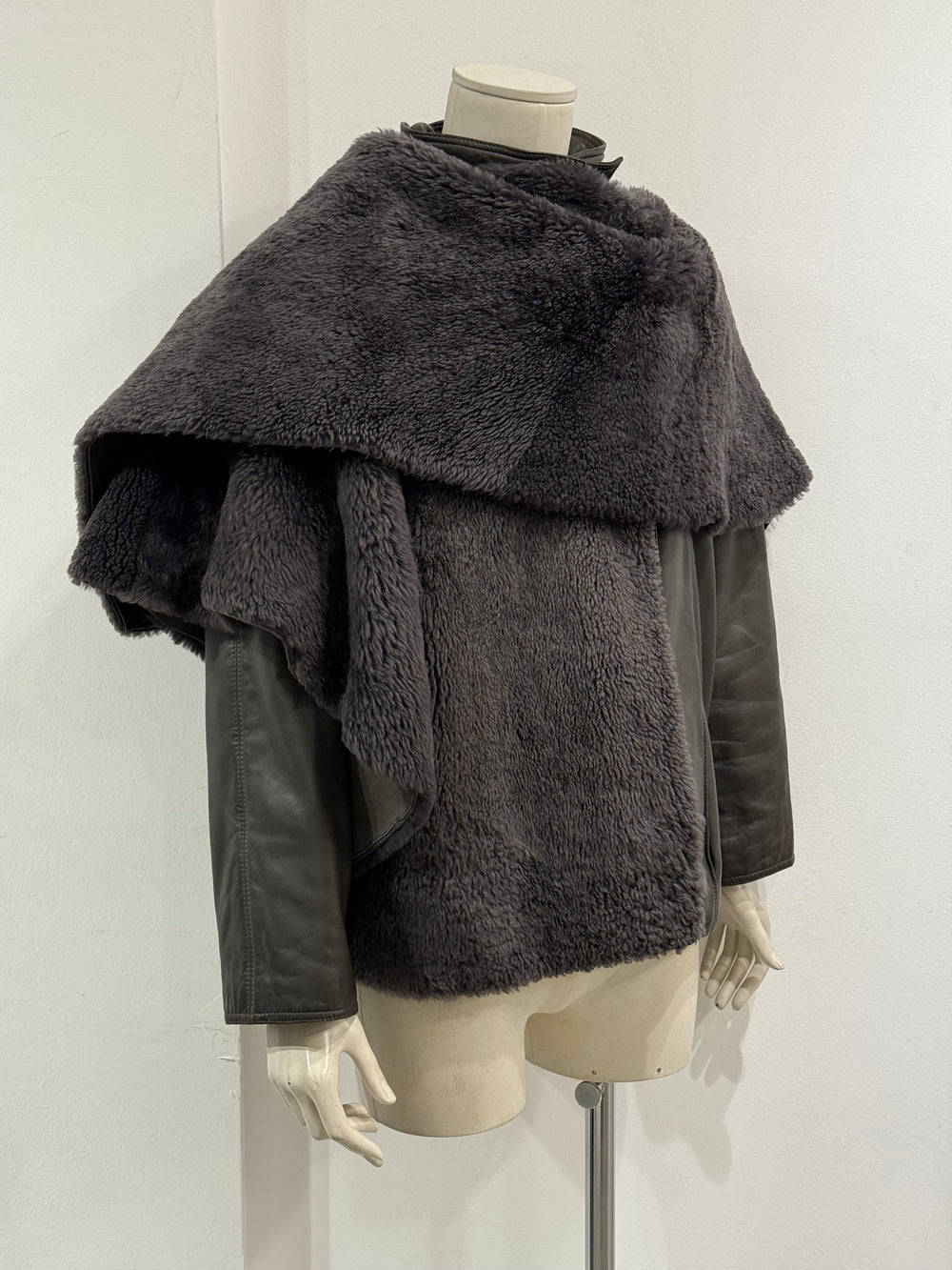 1980s Gianni Versace shearling leather cape jacket with layered construction scarf