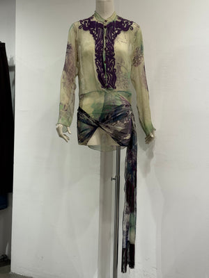 2000s Jean Paul Gaultier printed silk embroidered draped dress