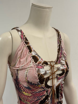 2004 Roberto Cavalli feather lace-up dress