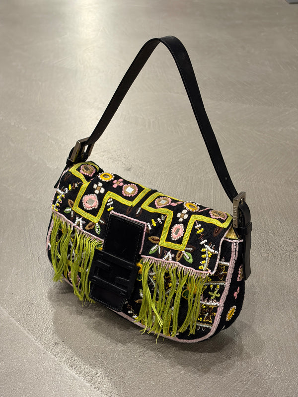S/S1999 Fendi beaded fringe mirror-embellished baguette shoulder bag