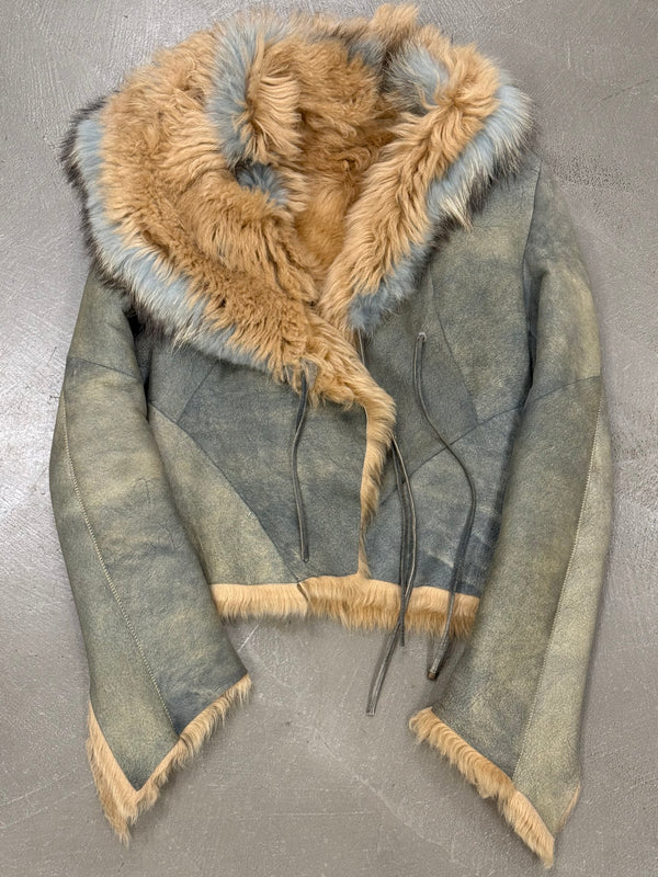 A/W2001 Roberto Cavalli teal asymmetrical shearling jacket