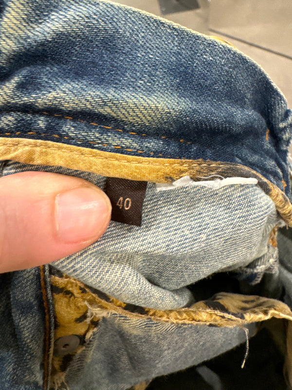 Roberto Cavalli distressed leopard patch glitter embellished jeans