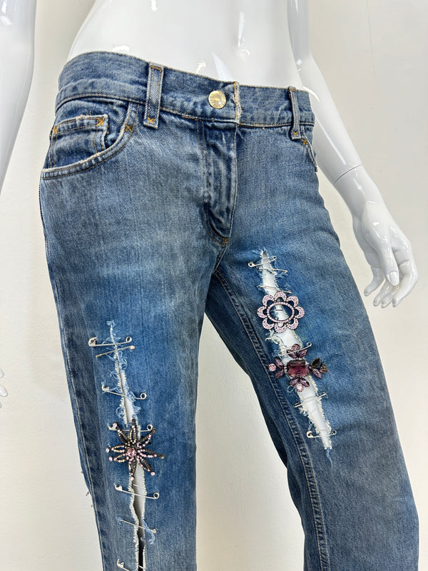 S/S 2001 Dolce & Gabbana safety pin punk jeans with broches
