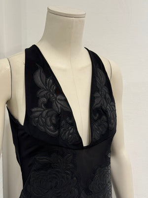 A/W2002 Roberto Cavalli runway leather floral patches sheer dress