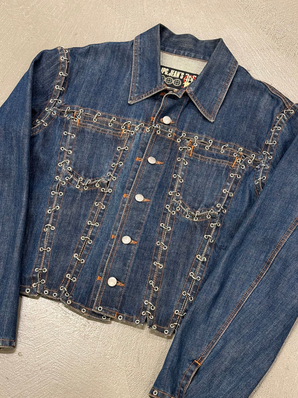 2000s Jean Paul Gaultier pierced patchwork denim jacket