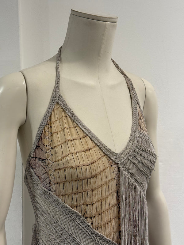S/S2011 Roberto Cavalli crocodile print fringe halter mini dress