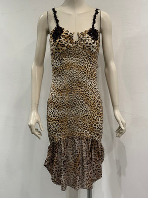 2000s Roberto Cavalli leopard print lace-trim dress