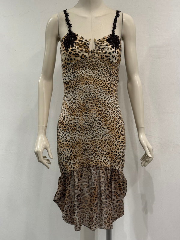 2000s Roberto Cavalli leopard print lace-trim dress