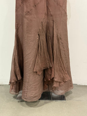 2000s Roberto Cavalli brown silk pleated waistband fluid long skirt