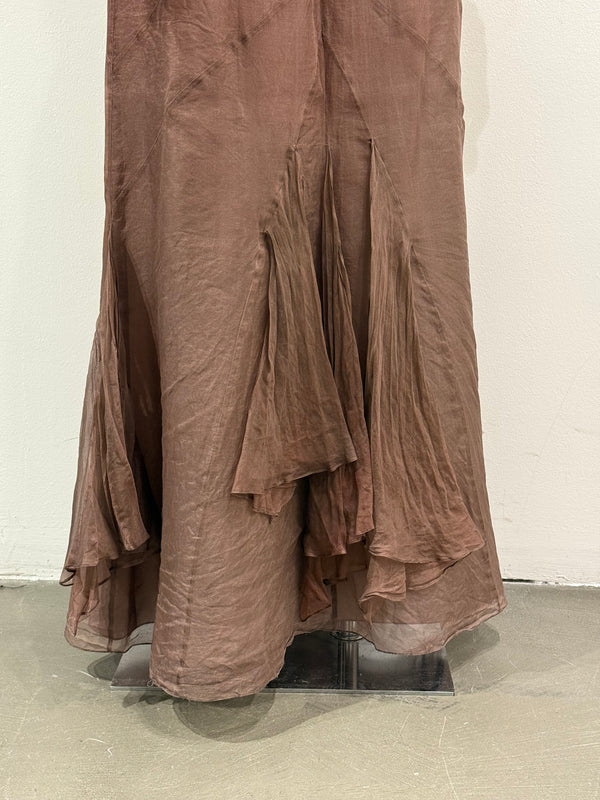 2000s Roberto Cavalli brown silk pleated waistband fluid long skirt