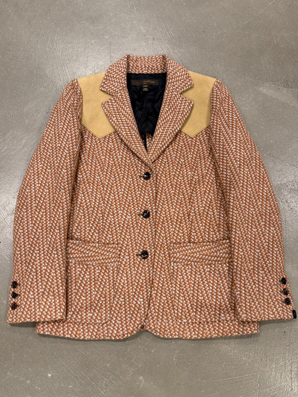 2000s Louis Vuitton by Marc Jacobs houndstooth blazer jacket with suede shoulders
