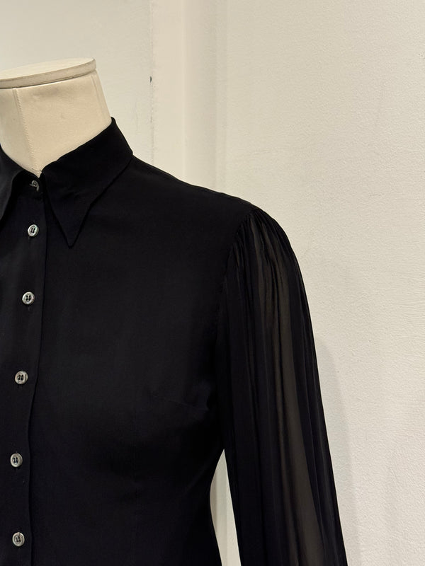 1990s Dolce & Gabbana black silk blouse with sheer sleeve