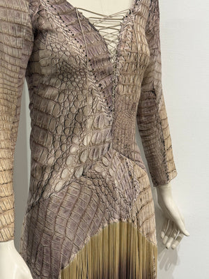 S/S2011 Roberto Cavalli silk crocodile print lace-up fringe dress
